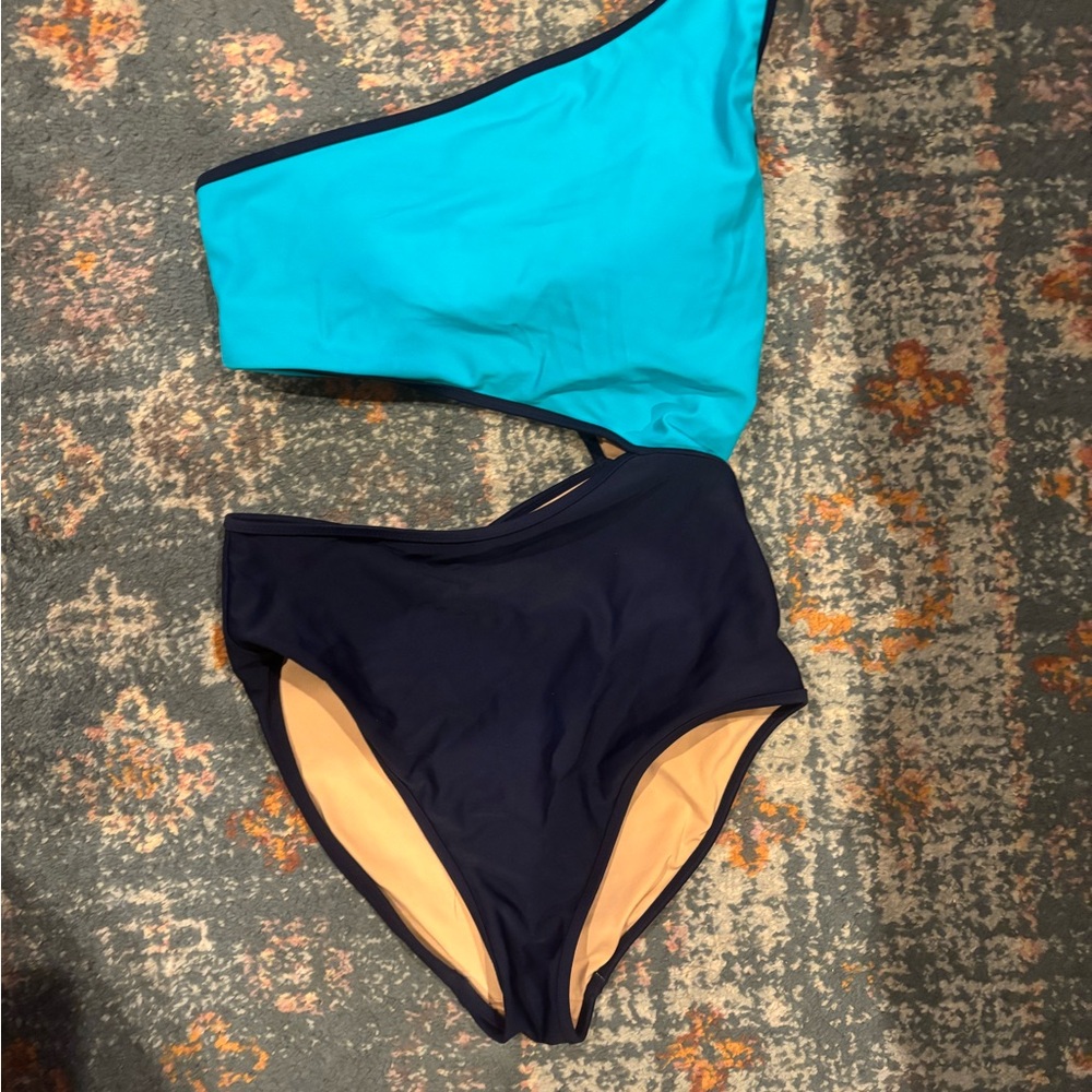 J. Crew Two-Tone One-Shoulder Bikini Set - Turquoise & Navy